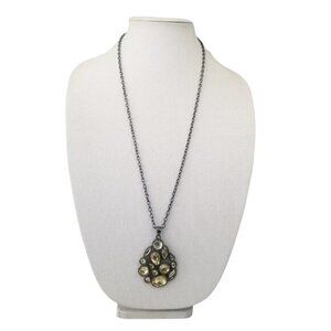 Lia Sophia Yellow Rhinestone Teardrop Pendant Necklace Long Gun Metal Gray